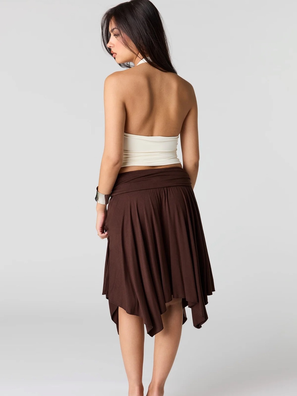 Women’s Flowing Handkerchief Hem Midi Skirt - Brown - Picture 6 of 6